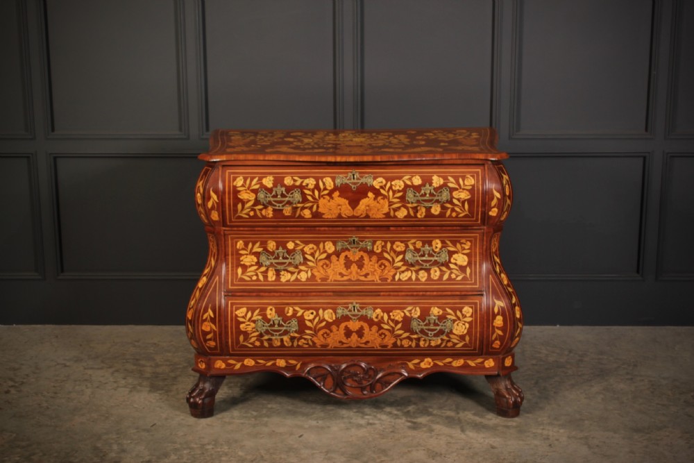 Dutch Marquetry Inlaid Walnut Bombe Shaped Chest View VI