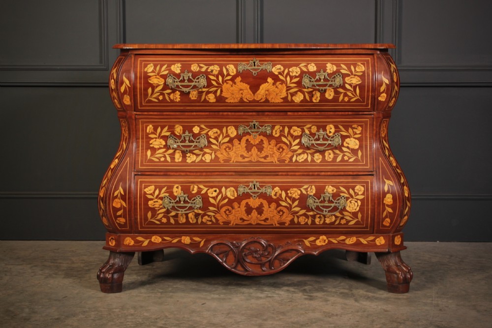 Dutch Marquetry Inlaid Walnut Bombe Shaped Chest View VII