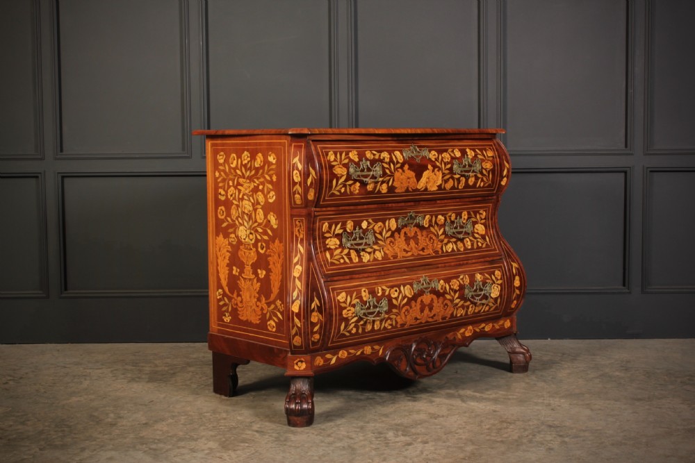Dutch Marquetry Inlaid Walnut Bombe Shaped Chest View XI