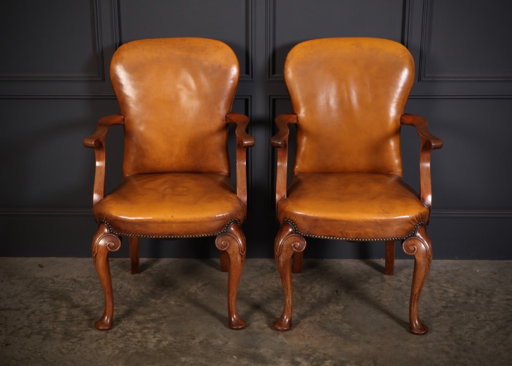 Pair of Queen Anne Style Walnut & Leather Armchairs