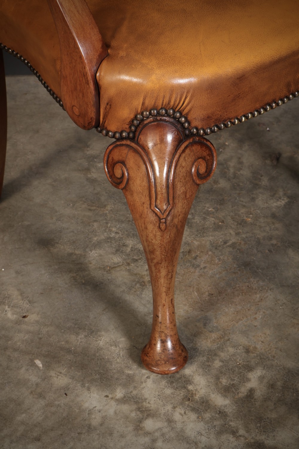 Pair of Queen Anne Style Walnut & Leather Armchairs View II