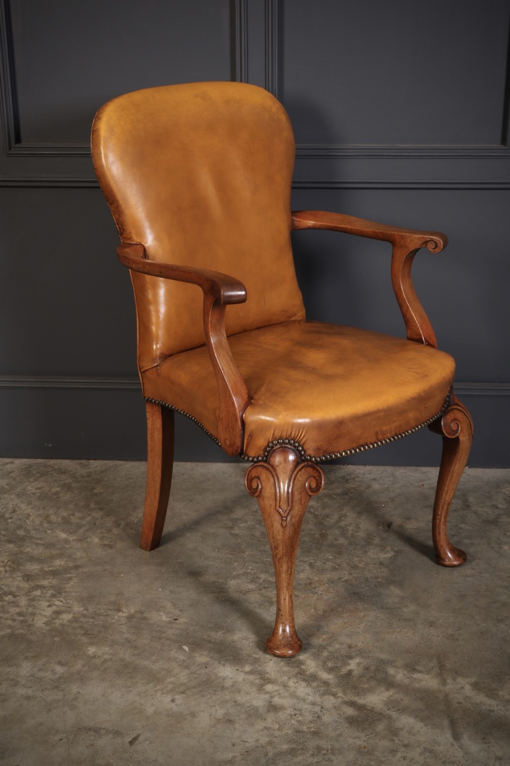 Pair of Queen Anne Style Walnut & Leather Armchairs View III