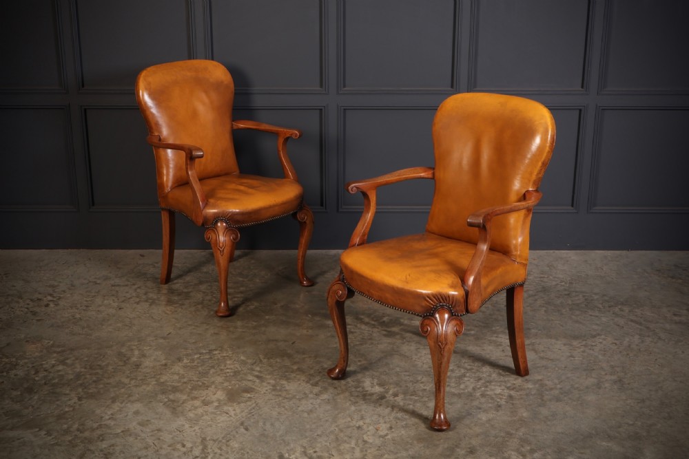 Pair of Queen Anne Style Walnut & Leather Armchairs View IV