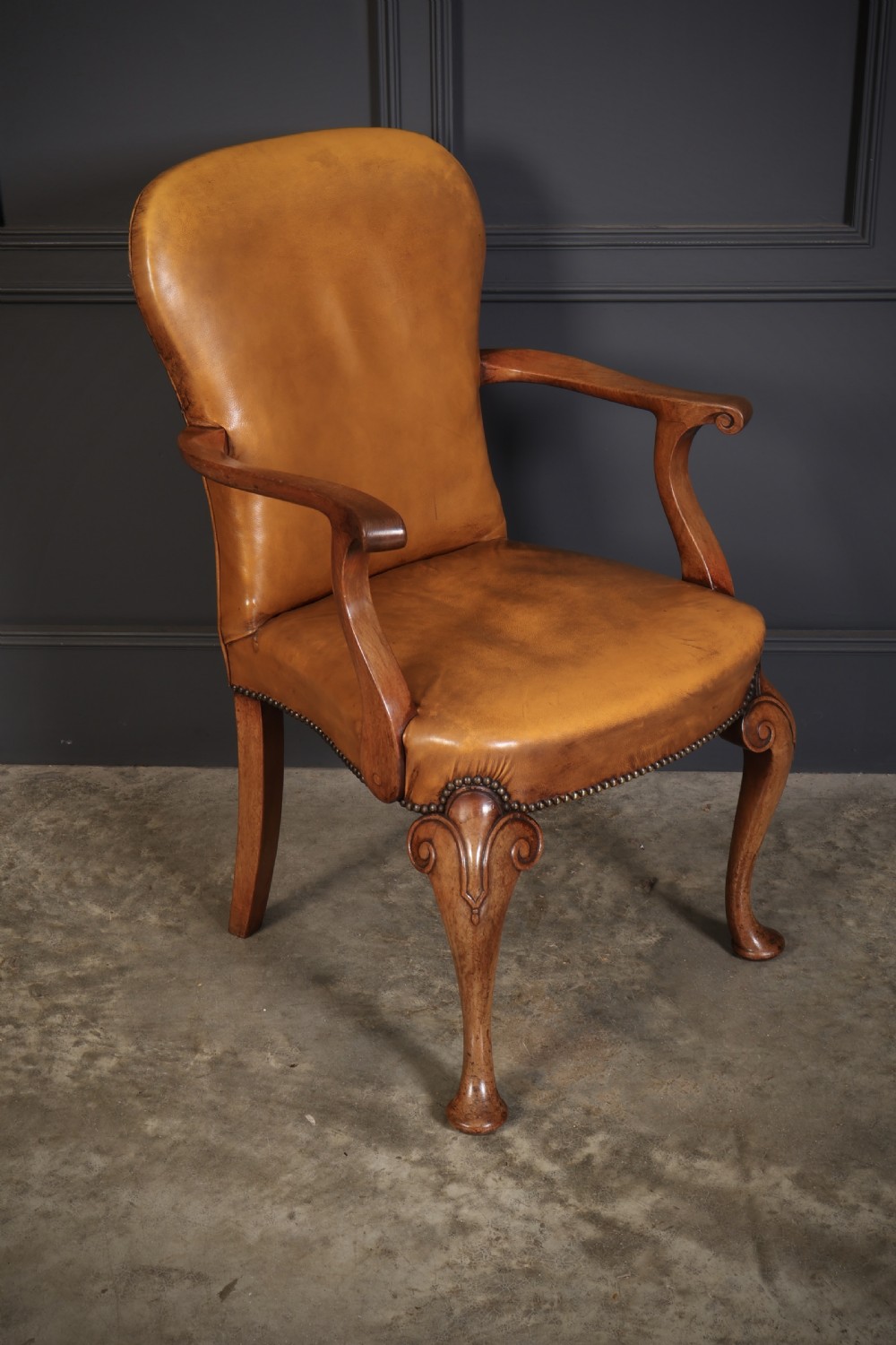 Pair of Queen Anne Style Walnut & Leather Armchairs View V