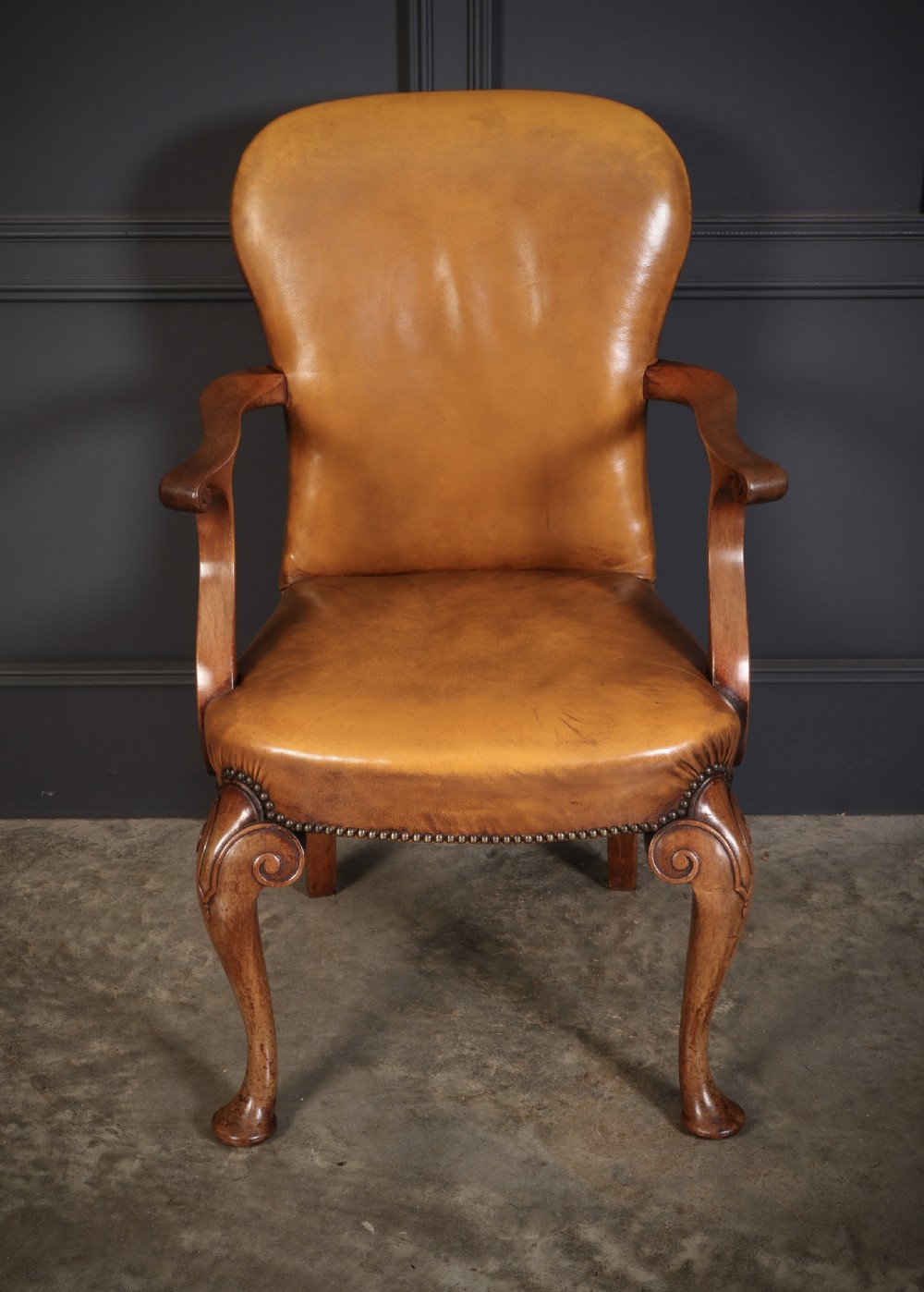 Pair of Queen Anne Style Walnut & Leather Armchairs View VI