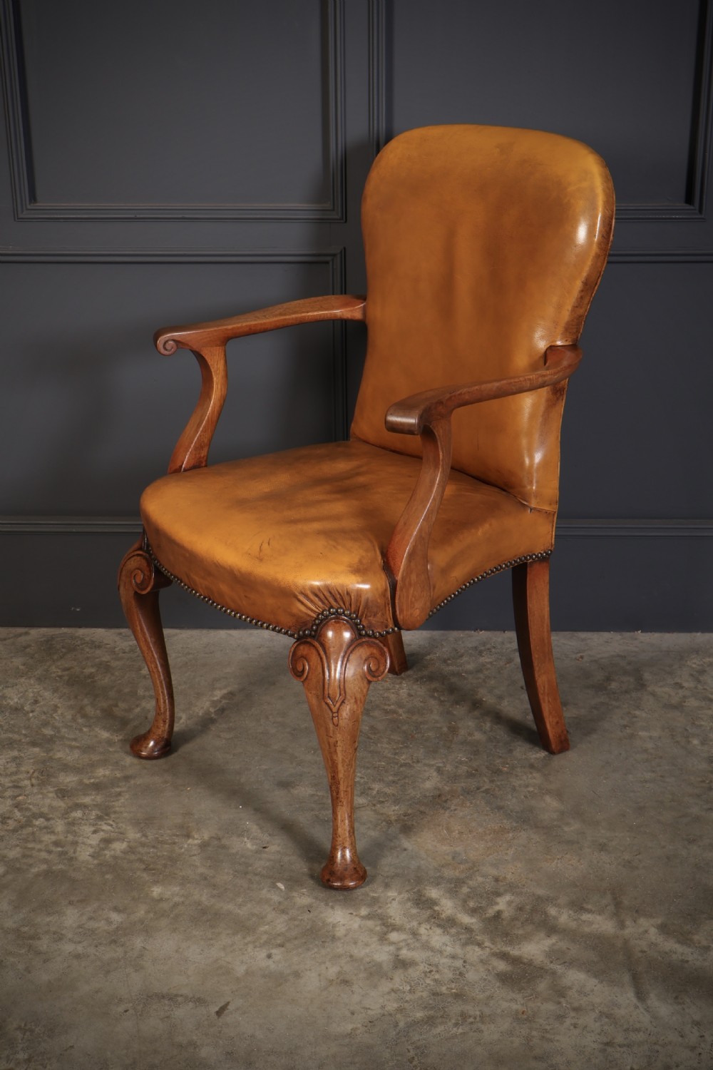 Pair of Queen Anne Style Walnut & Leather Armchairs View VII