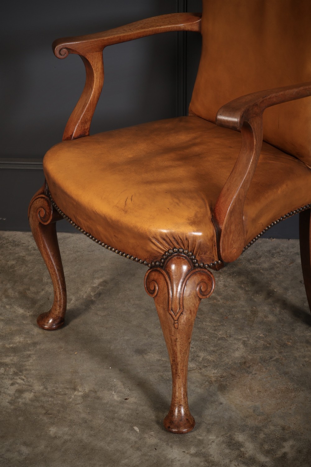 Pair of Queen Anne Style Walnut & Leather Armchairs View VIII