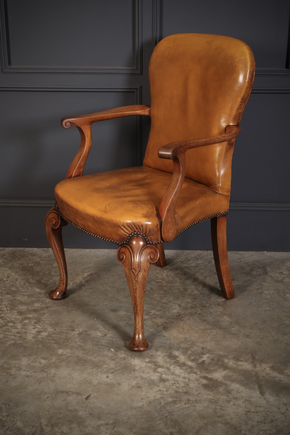 Pair of Queen Anne Style Walnut & Leather Armchairs View IX