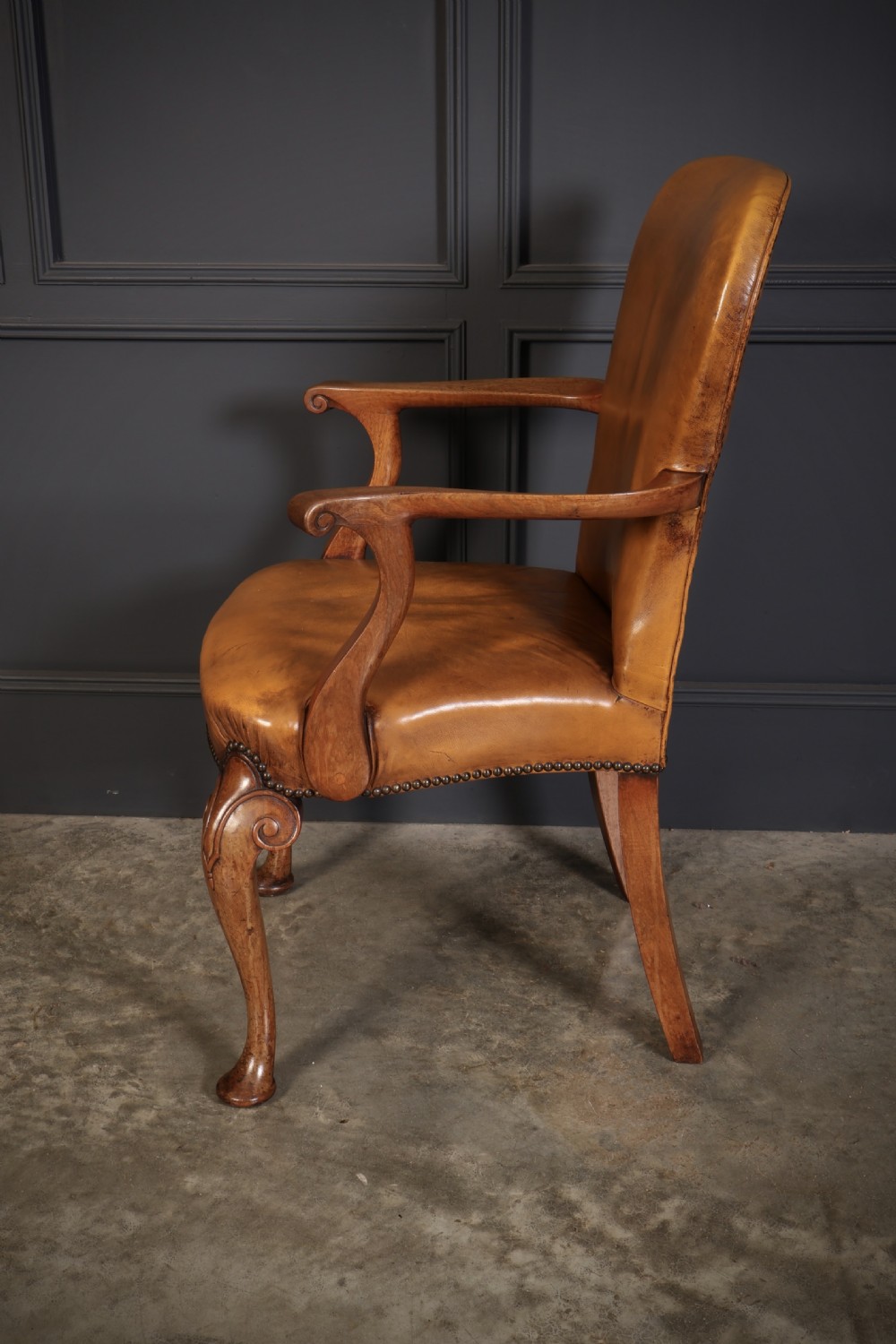 Pair of Queen Anne Style Walnut & Leather Armchairs View X