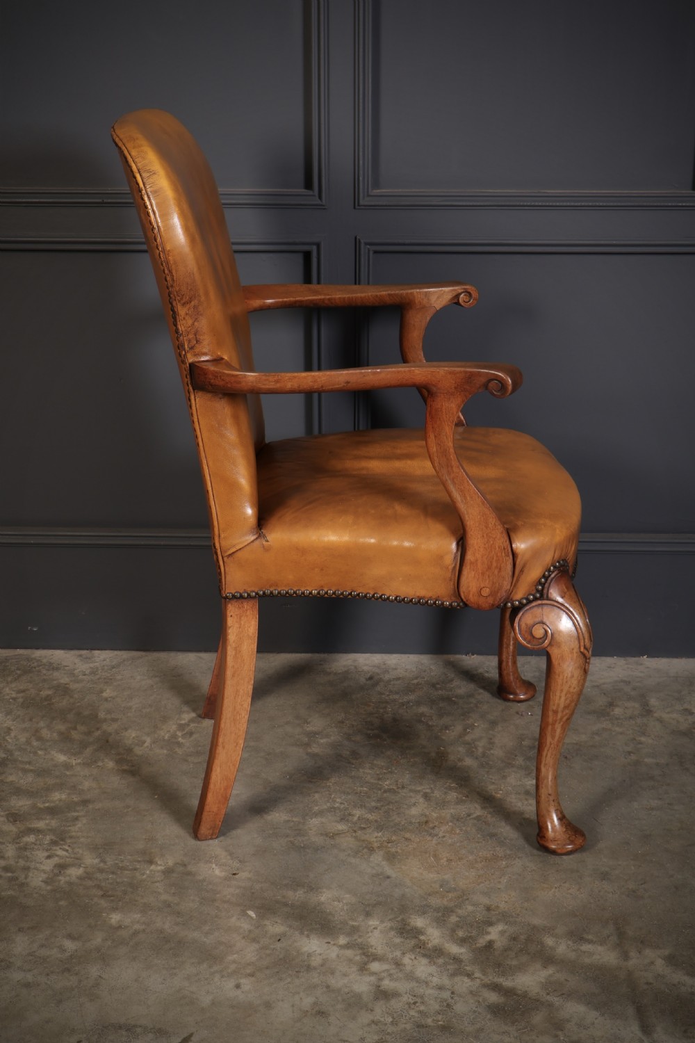 Pair of Queen Anne Style Walnut & Leather Armchairs View XI
