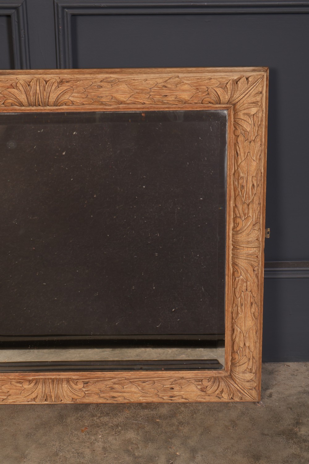 A rectangular wall mirror featuring a carved oak frame with relief acanthus leaf motifs surrounding a central reflective glass panel. View IV
