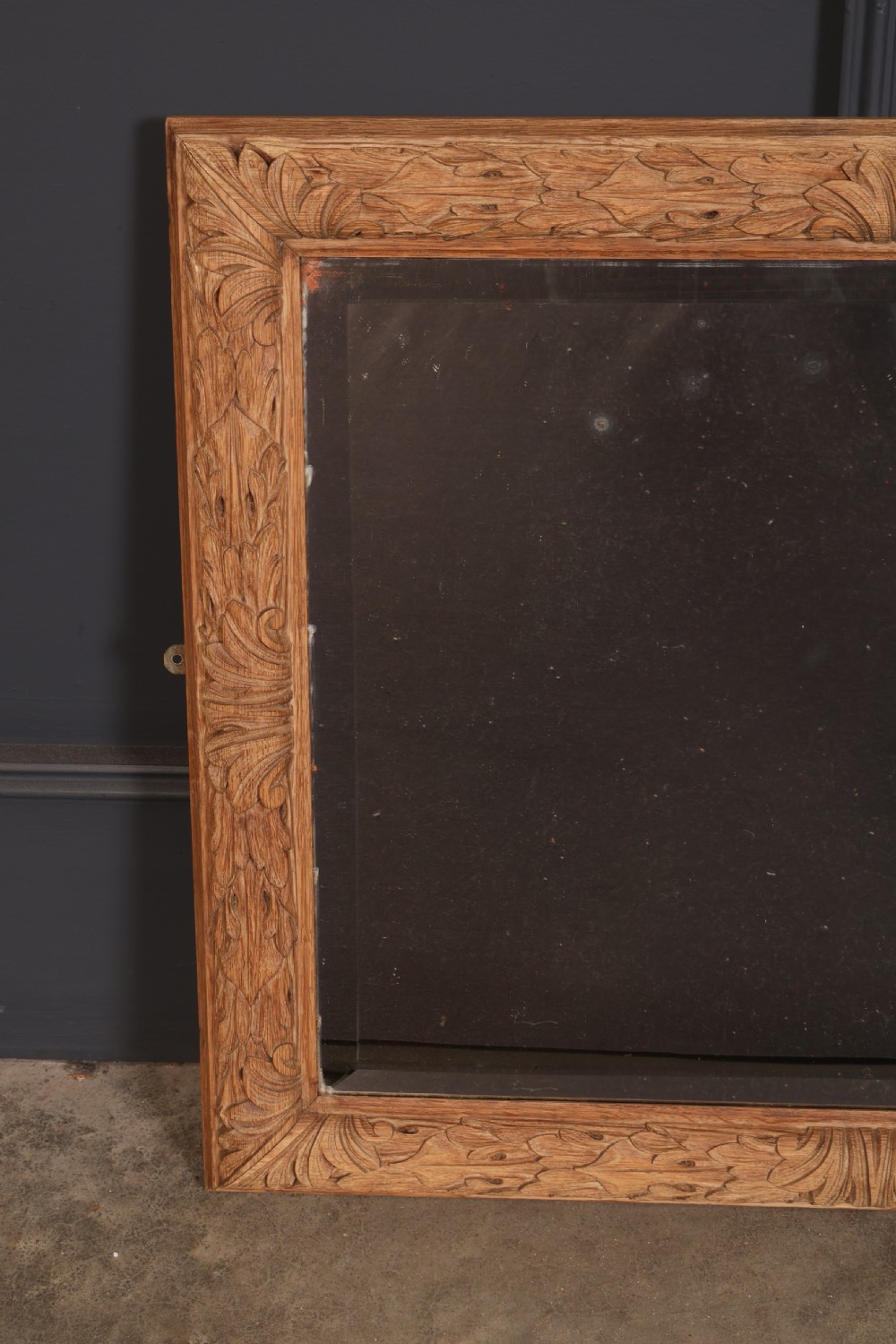 A rectangular wall mirror featuring a carved oak frame with relief acanthus leaf motifs surrounding a central reflective glass panel. View VI