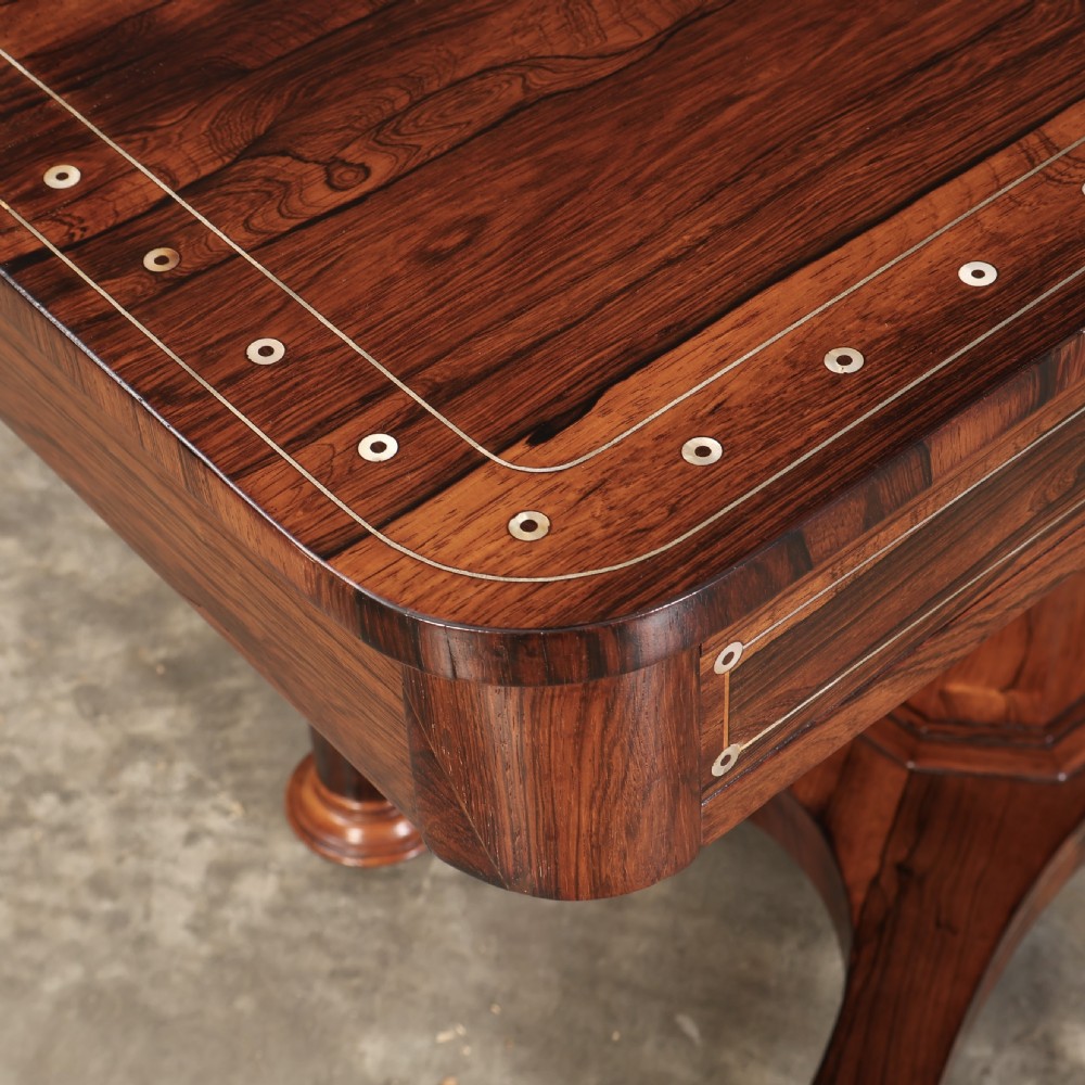 A Regency rosewood library table featuring brass stringing, dot inlays, frieze drawers, and a central pedestal support on a four-star base. View VI