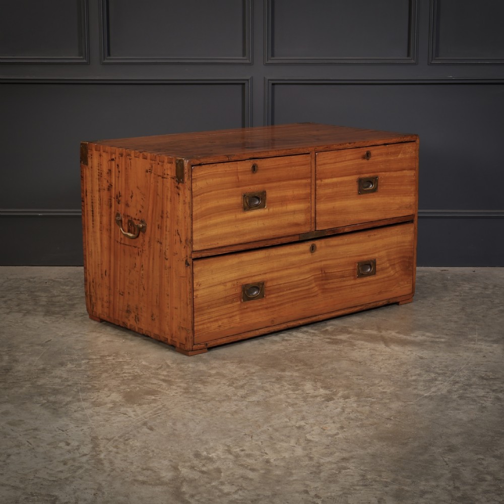A low camphor wood campaign chest featuring recessed brass handles, brass corner brackets, exposed dovetail joints, and side brass carrying handles.