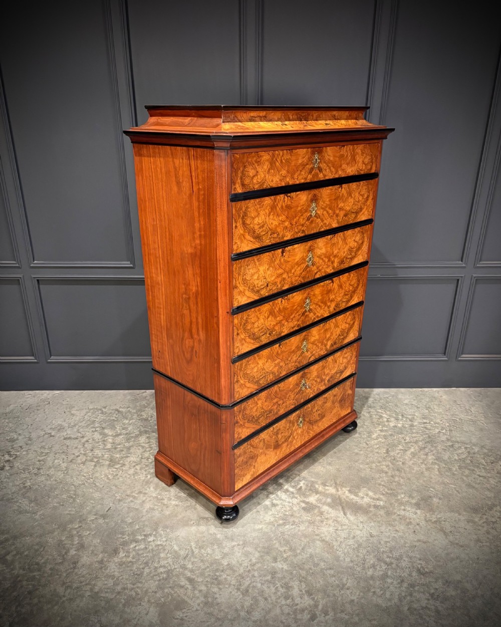 A tall 19th-century burr walnut chest of drawers featuring seven graduated drawers with brass escutcheons and ebonised mouldings set on turned front feet. View III