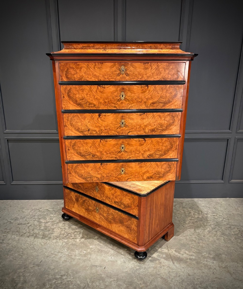 A tall 19th-century burr walnut chest of drawers featuring seven graduated drawers with brass escutcheons and ebonised mouldings set on turned front feet. View VII