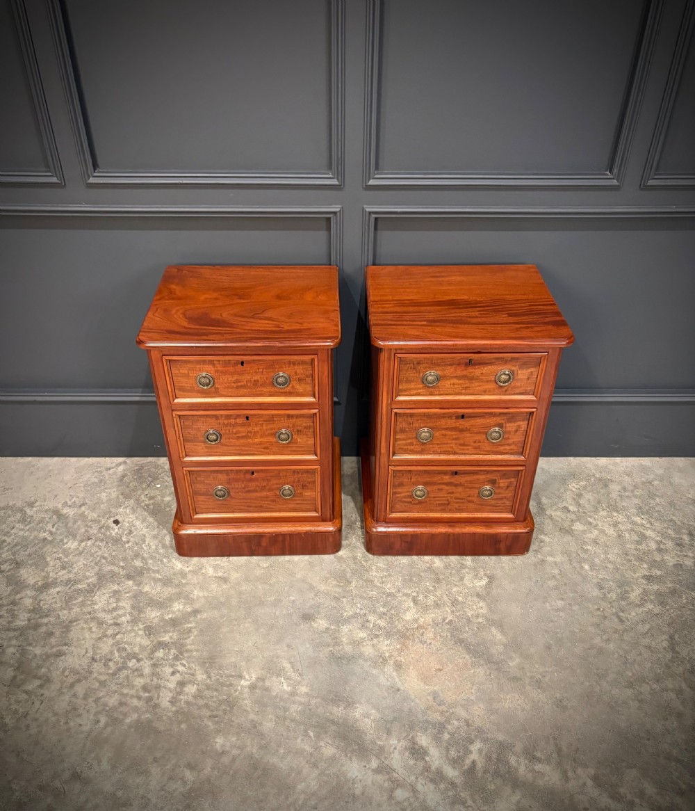 A pair of Victorian mahogany bedside chests, each featuring three drawers with brass drop ring handles on a solid plinth base. View II