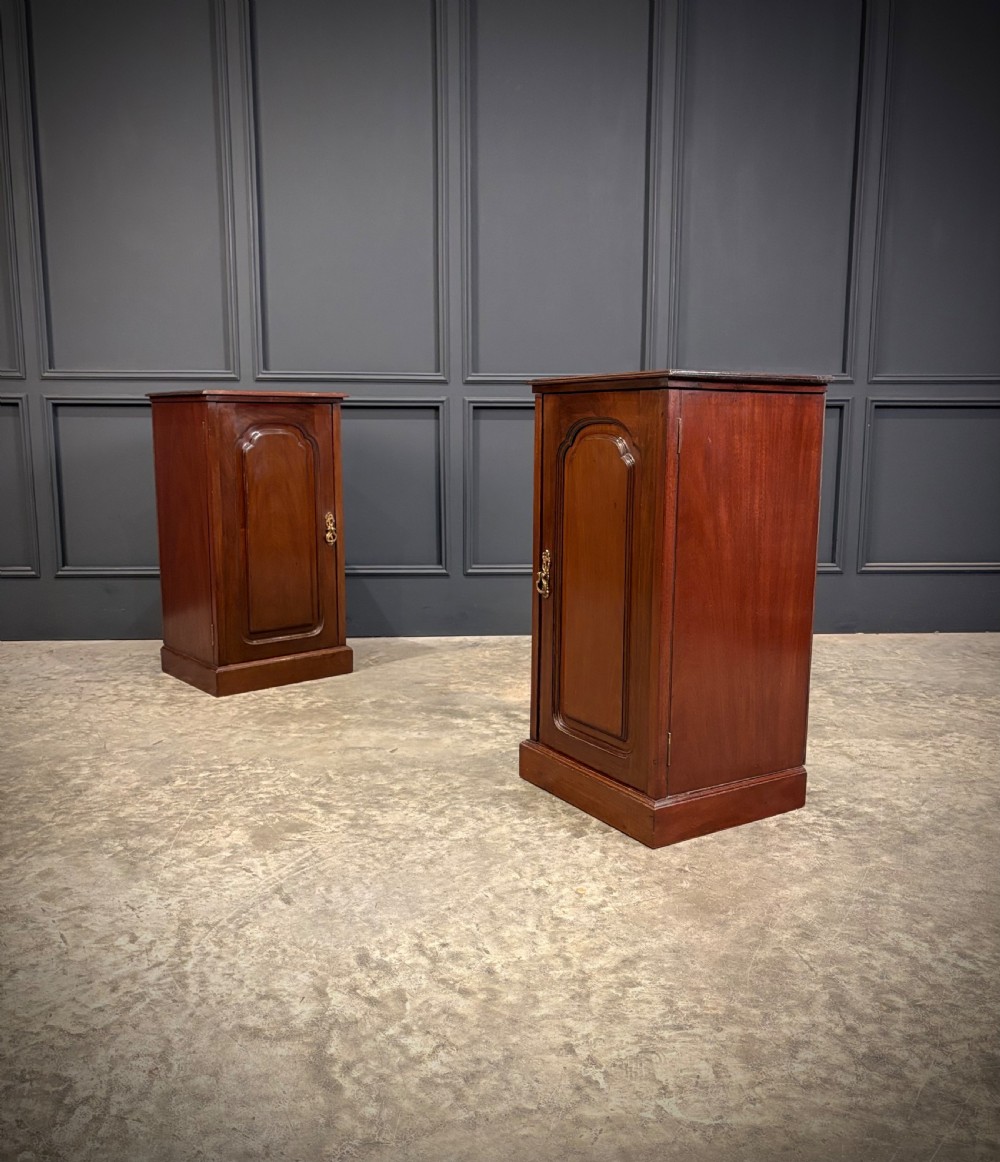 A pair of antique rich mahogany bedside cabinets featuring single arched panel doors and solid plinth bases.