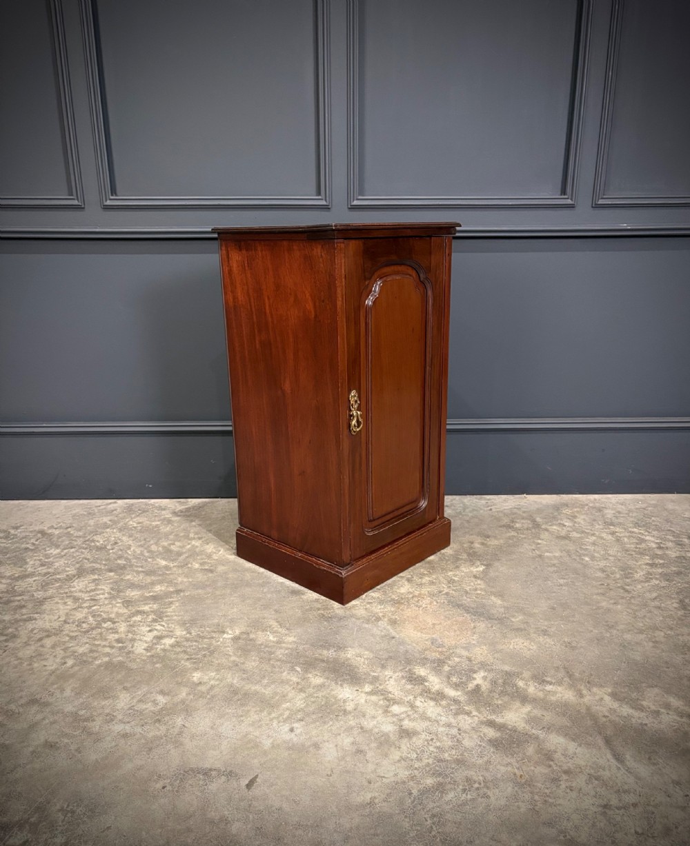 A pair of antique rich mahogany bedside cabinets featuring single arched panel doors and solid plinth bases. View IV