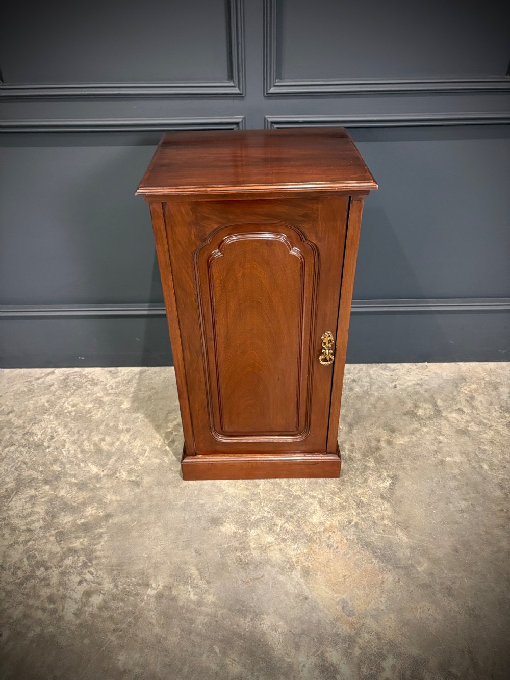 A pair of antique rich mahogany bedside cabinets featuring single arched panel doors and solid plinth bases. View V
