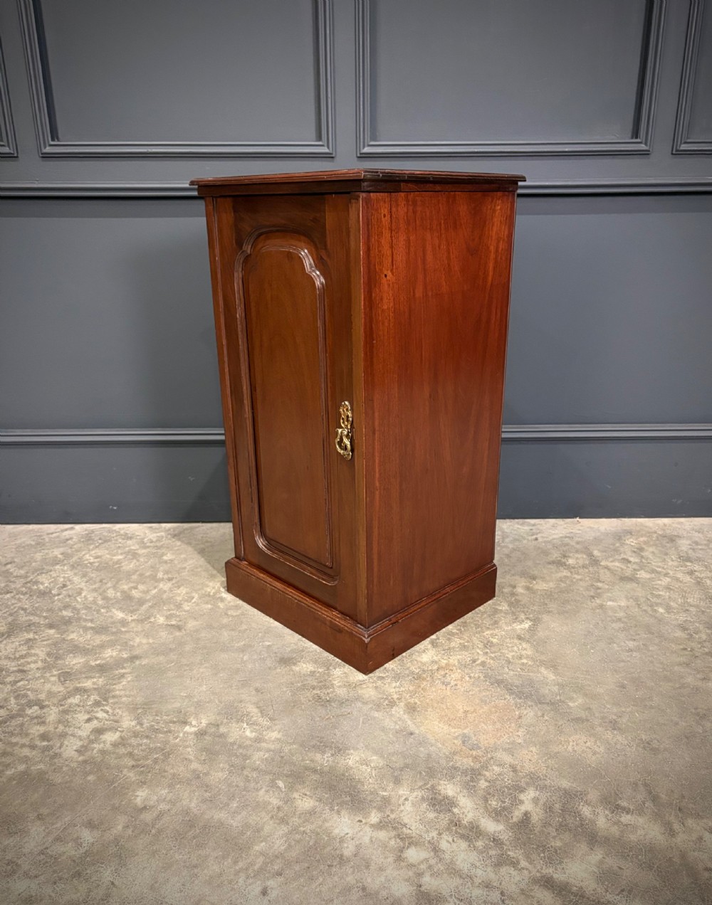 A pair of antique rich mahogany bedside cabinets featuring single arched panel doors and solid plinth bases. View VIII