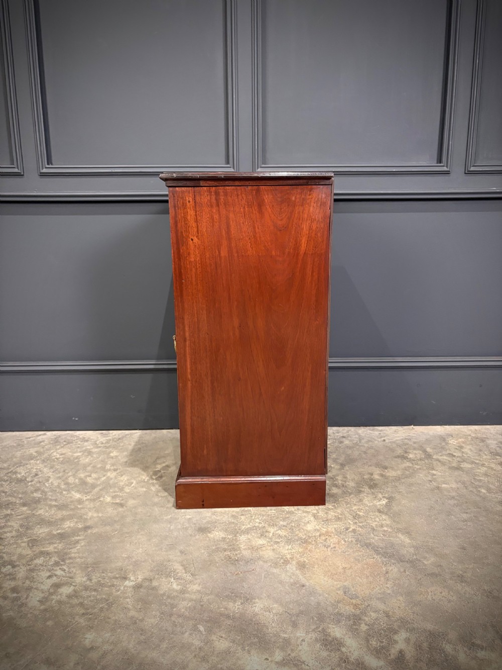 A pair of antique rich mahogany bedside cabinets featuring single arched panel doors and solid plinth bases. View IX