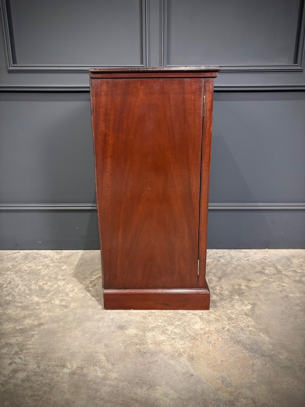 A pair of antique rich mahogany bedside cabinets featuring single arched panel doors and solid plinth bases. View XI