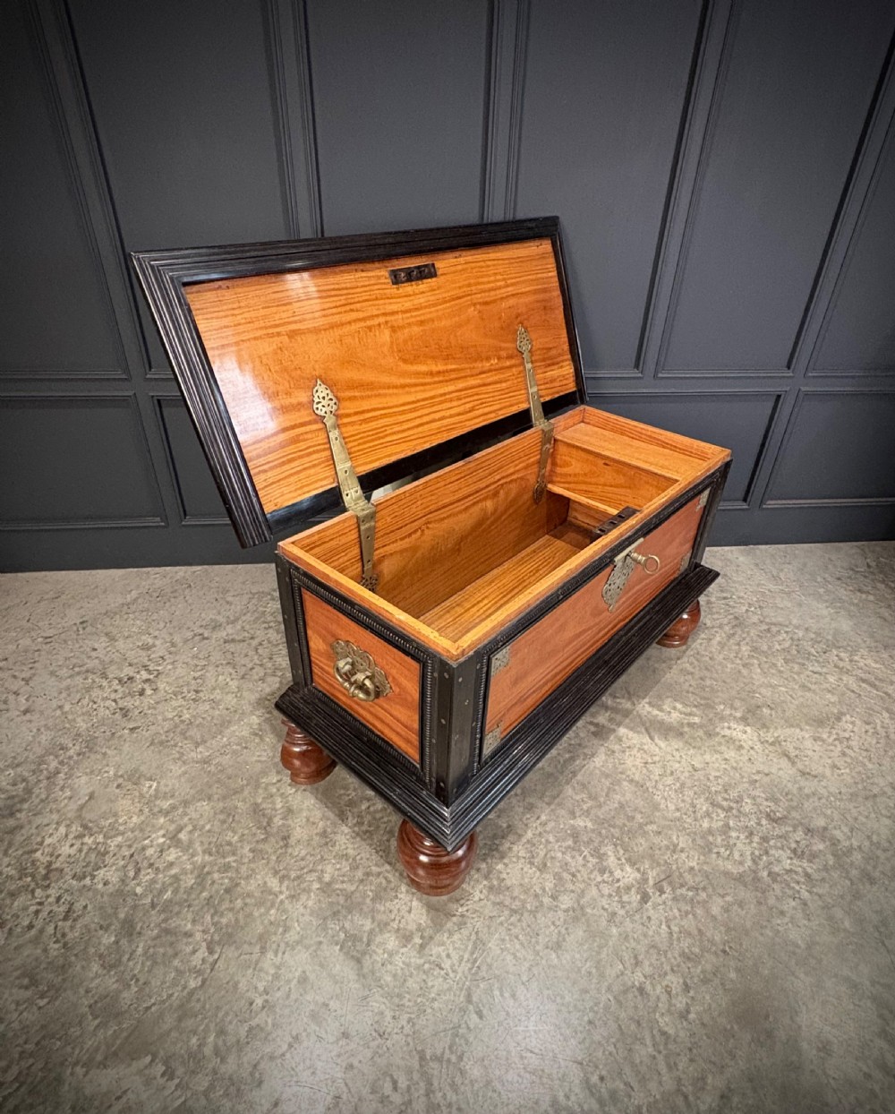 A large Ceylonese camphor wood and ebony storage trunk with an ornate metal escutcheon, side handles, and heavy turned bulbous feet. View IV