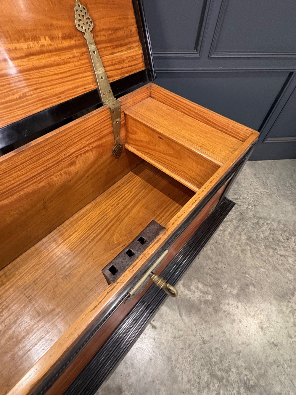 A large Ceylonese camphor wood and ebony storage trunk with an ornate metal escutcheon, side handles, and heavy turned bulbous feet. View V