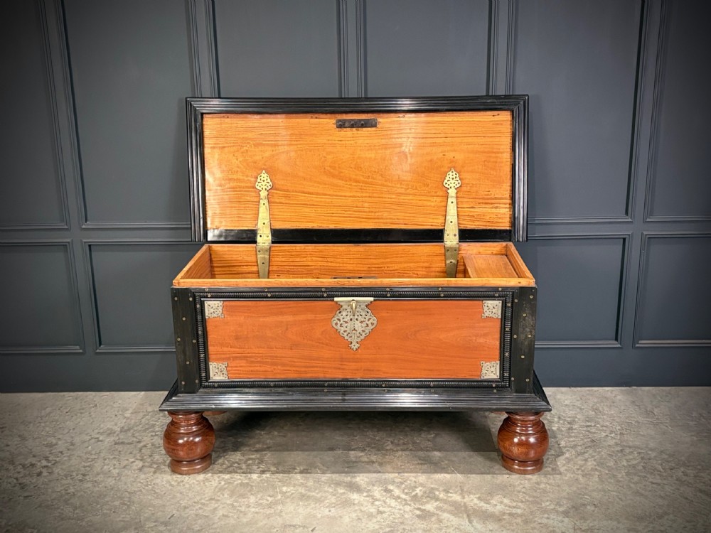 A large Ceylonese camphor wood and ebony storage trunk with an ornate metal escutcheon, side handles, and heavy turned bulbous feet. View X