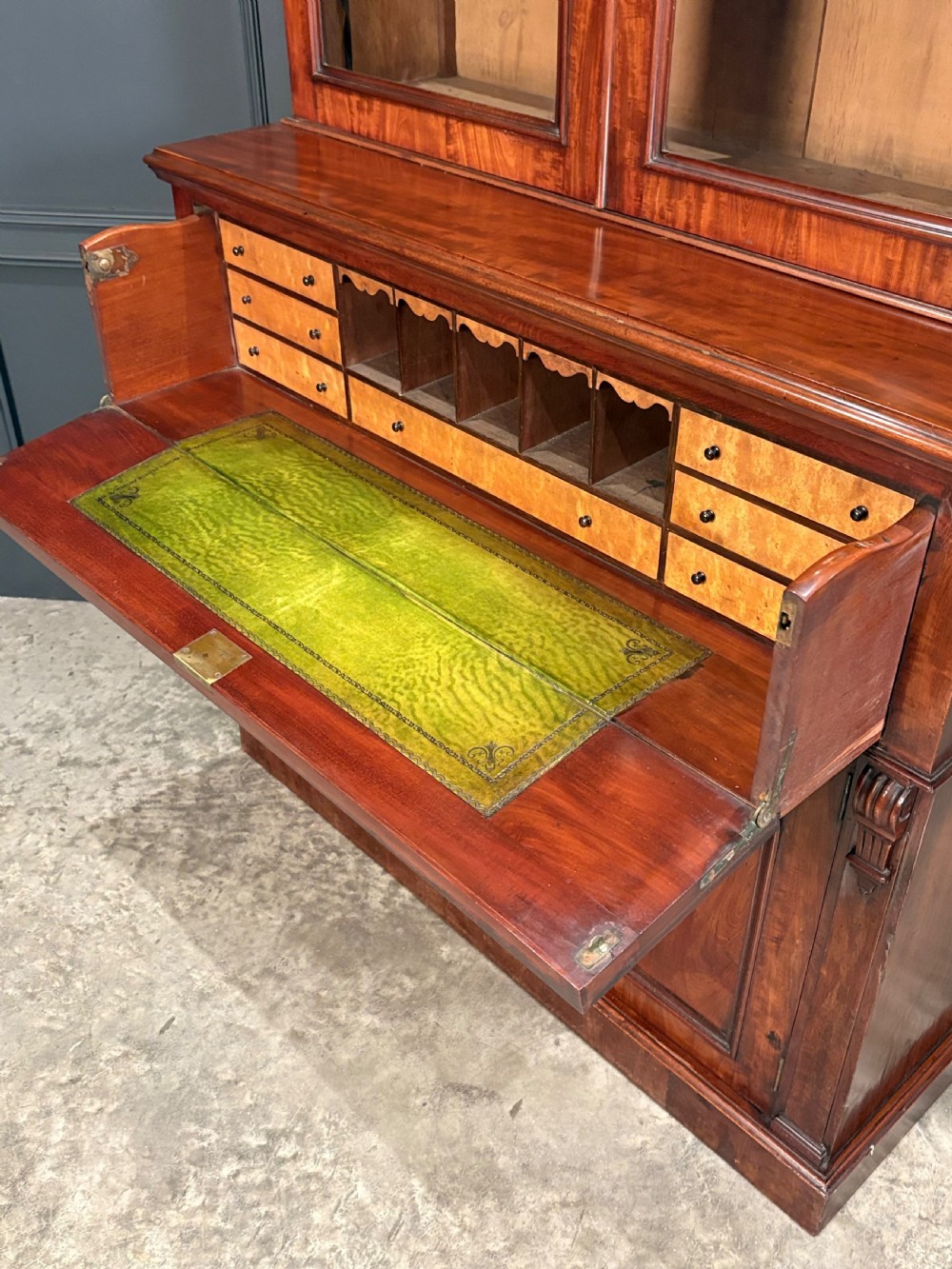 A tall Victorian mahogany secretaire bookcase featuring an upper two-door glazed cabinet over a writing drawer and lower cupboard base. View XII