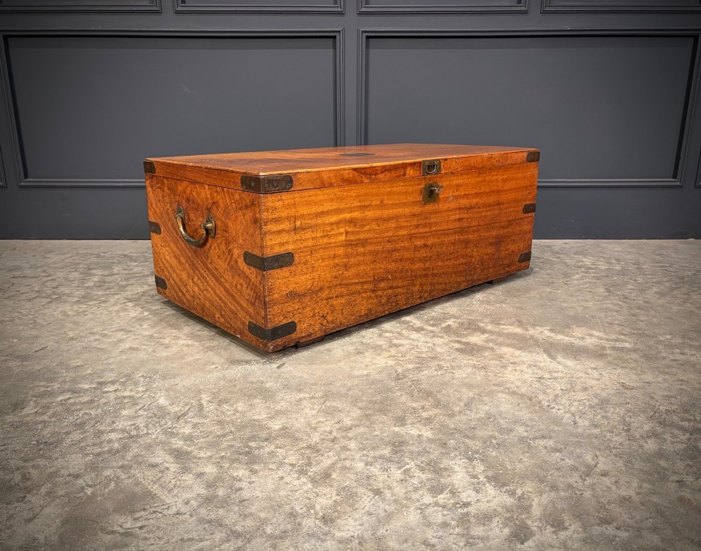 A rectangular 19th-century camphor wood trunk featuring brass corner bindings, side carrying handles, and a central brass lock plate. View II
