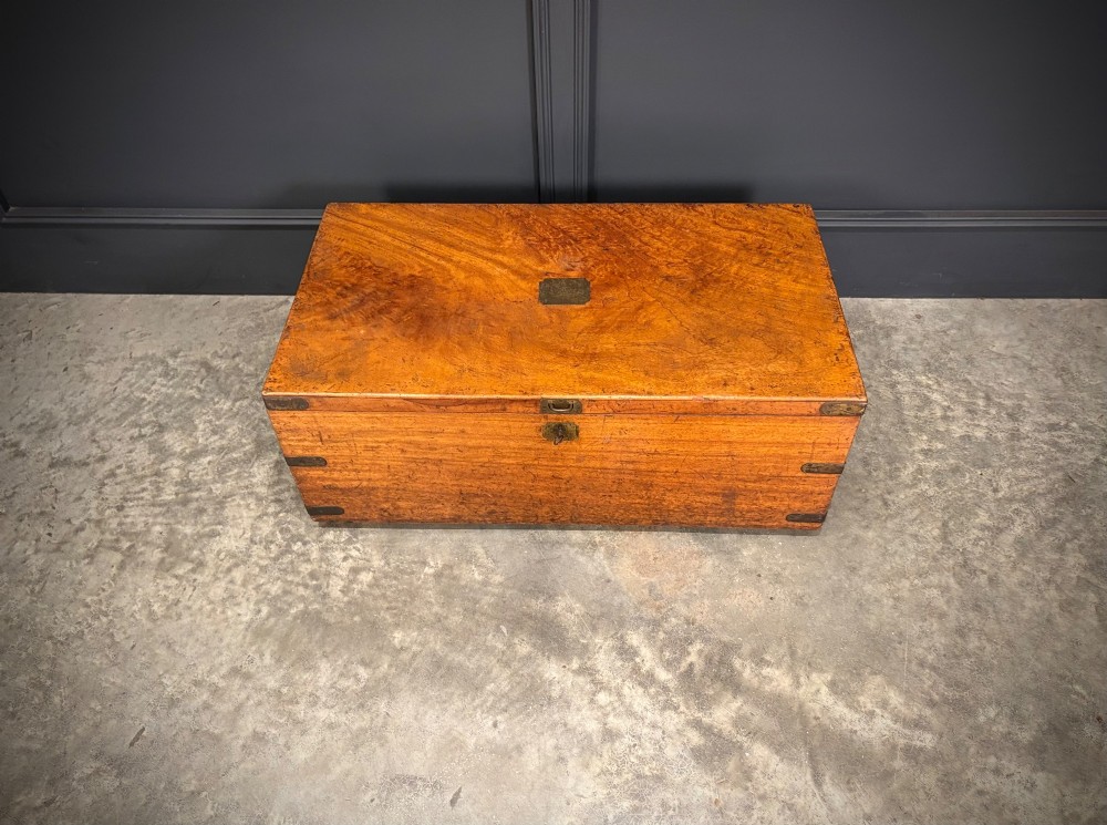 A rectangular 19th-century camphor wood trunk featuring brass corner bindings, side carrying handles, and a central brass lock plate. View III