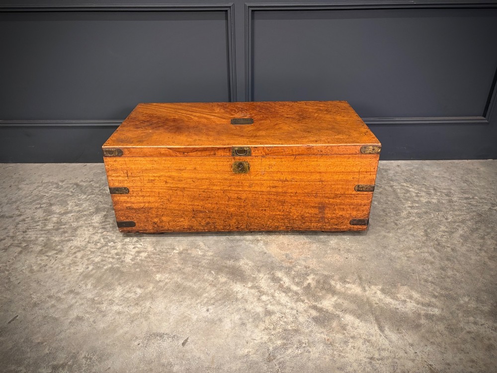 A rectangular 19th-century camphor wood trunk featuring brass corner bindings, side carrying handles, and a central brass lock plate. View IV