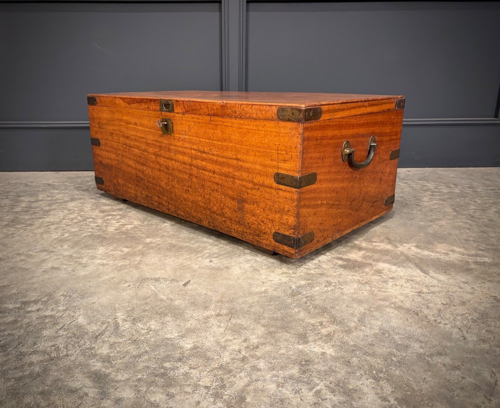 A rectangular 19th-century camphor wood trunk featuring brass corner bindings, side carrying handles, and a central brass lock plate. View IX
