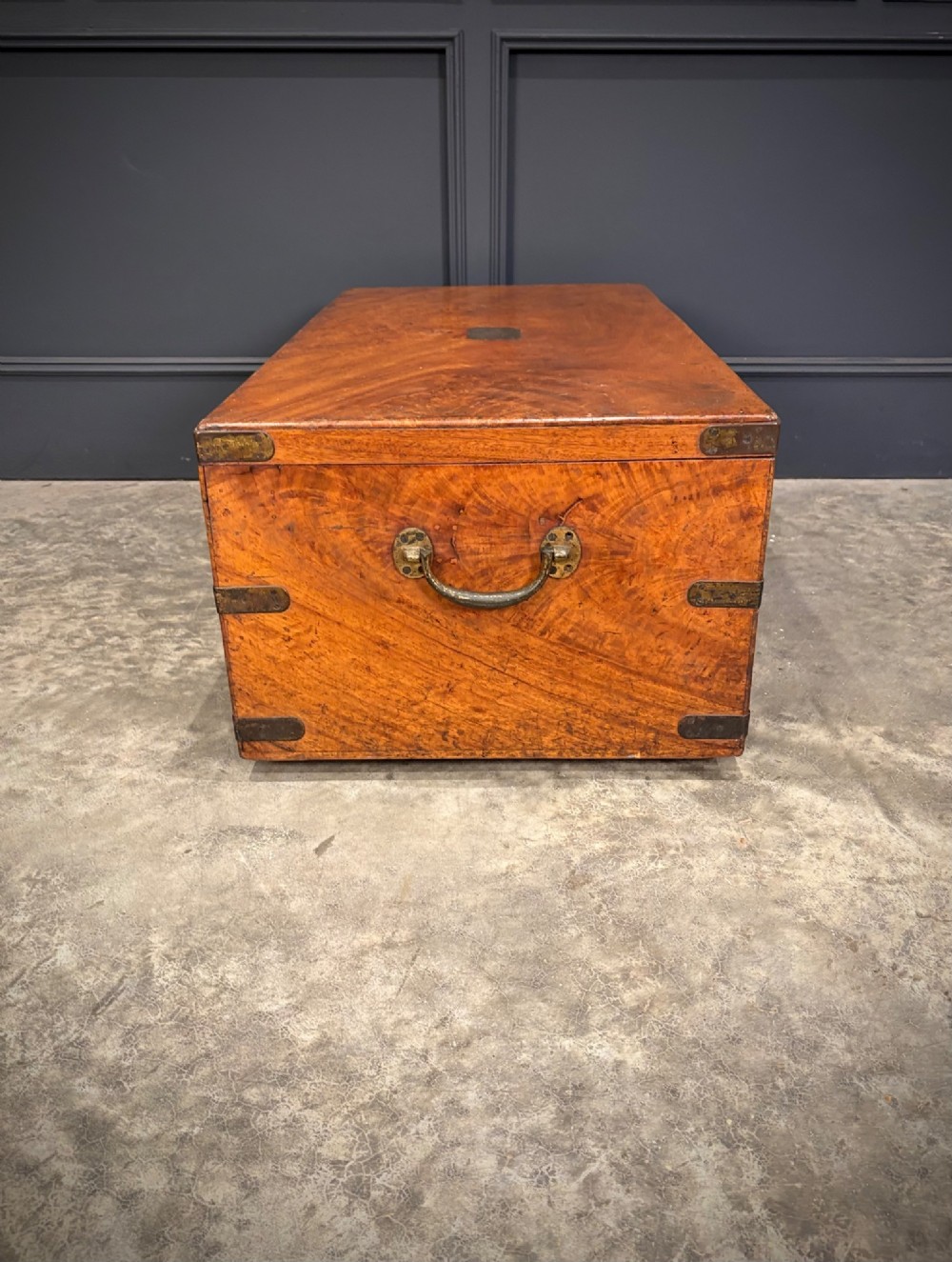 A rectangular 19th-century camphor wood trunk featuring brass corner bindings, side carrying handles, and a central brass lock plate. View XII
