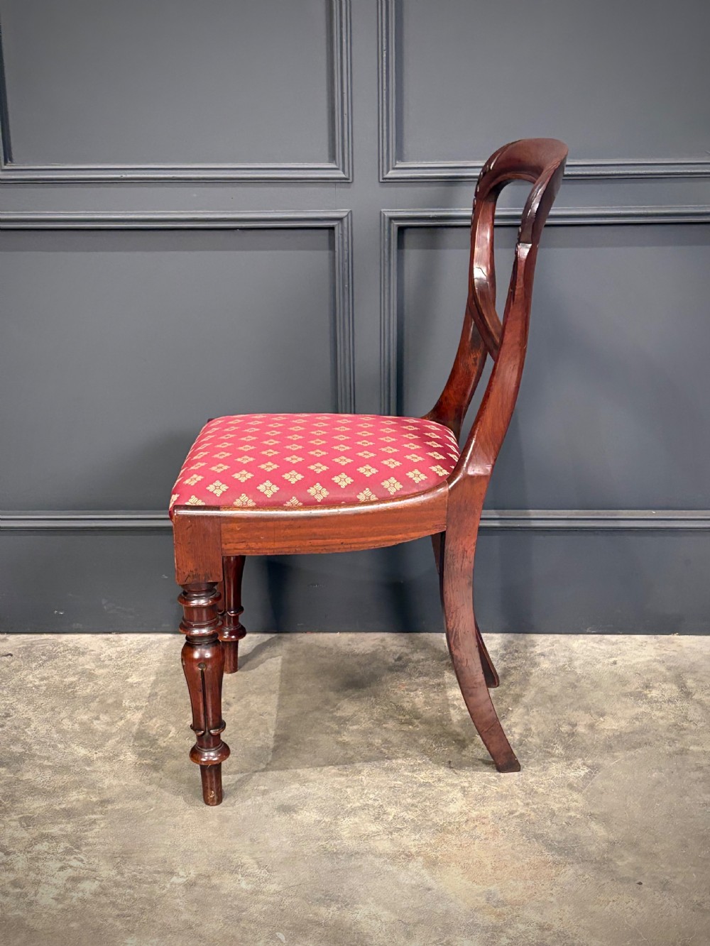 A pair of Victorian mahogany side chairs with rounded balloon backs, turned front legs, and red patterned fabric seats. View XIII