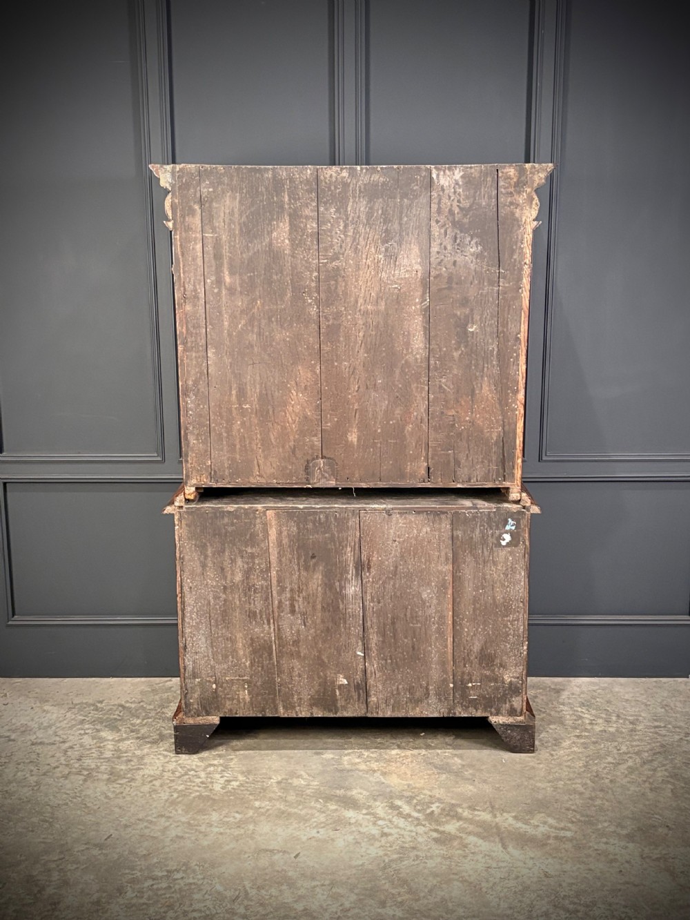 An antique Queen Anne walnut escritoire featuring a drop-front writing surface revealing a fitted interior above a base with drawers. View XIV