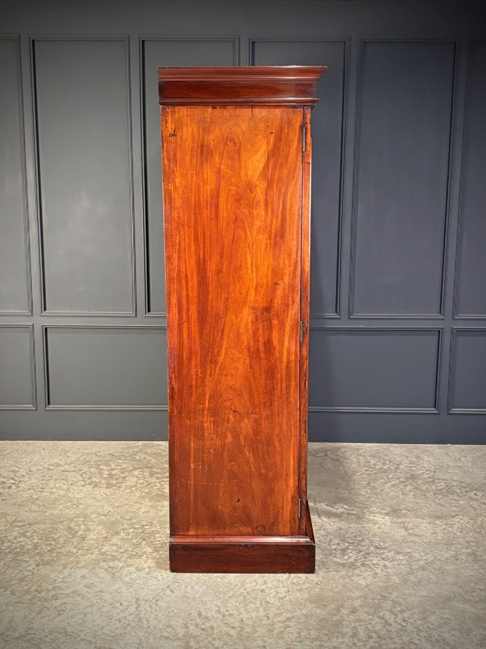 A two-door William IV mahogany wardrobe featuring flame mahogany panels, a moulded top cornice, and a sturdy plinth base. View VI
