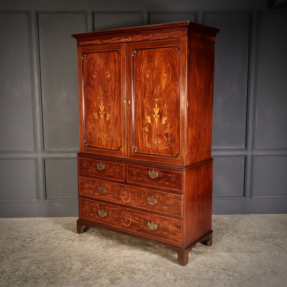 Georgian Marquetry Inlaid Mahogany Linen Press