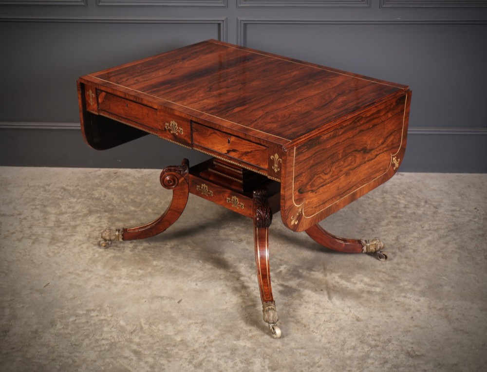 Exquisite Regency Rosewood Brass Inlaid Sofa Table View IX