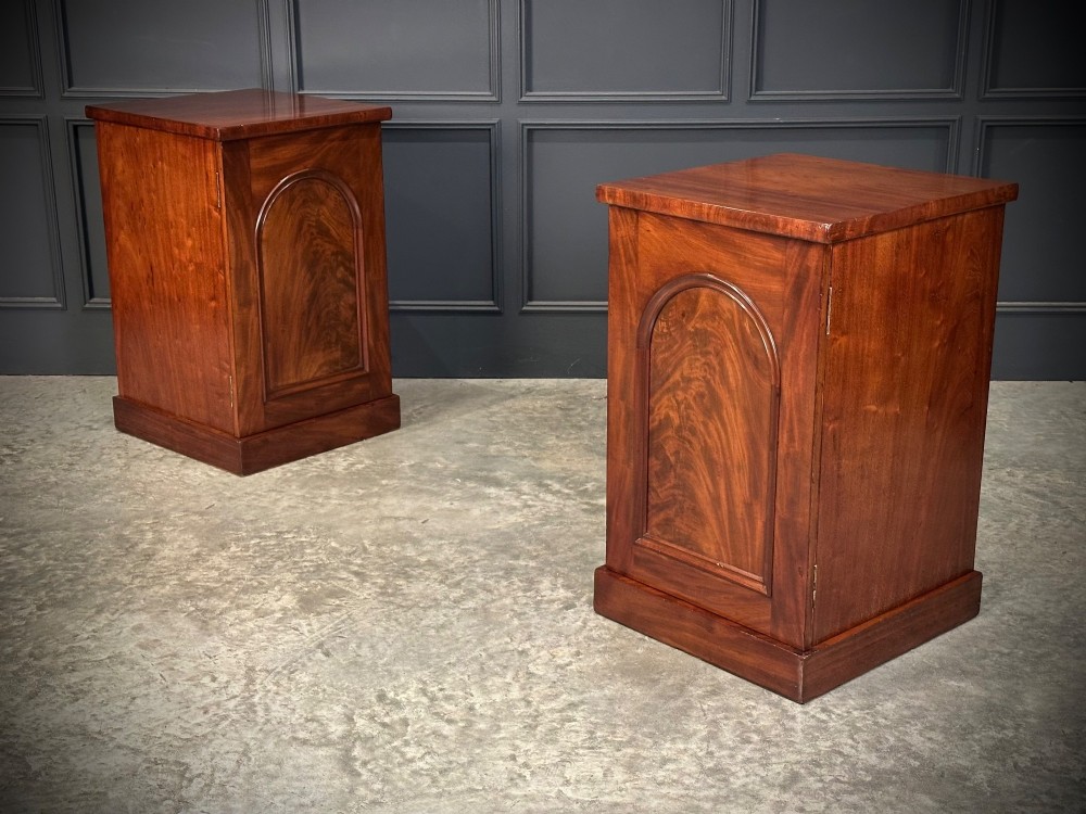A matching pair of dark flame mahogany bedside cabinets featuring single doors with arched panels resting on solid plinth bases. View II