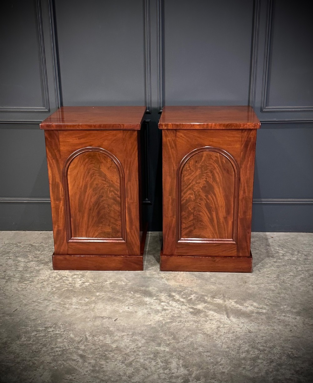 A matching pair of dark flame mahogany bedside cabinets featuring single doors with arched panels resting on solid plinth bases. View III