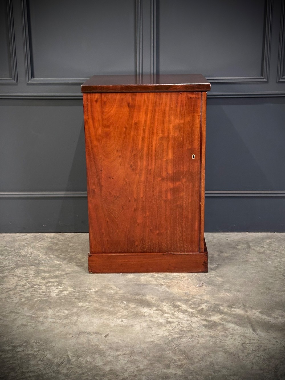 A matching pair of dark flame mahogany bedside cabinets featuring single doors with arched panels resting on solid plinth bases. View XII