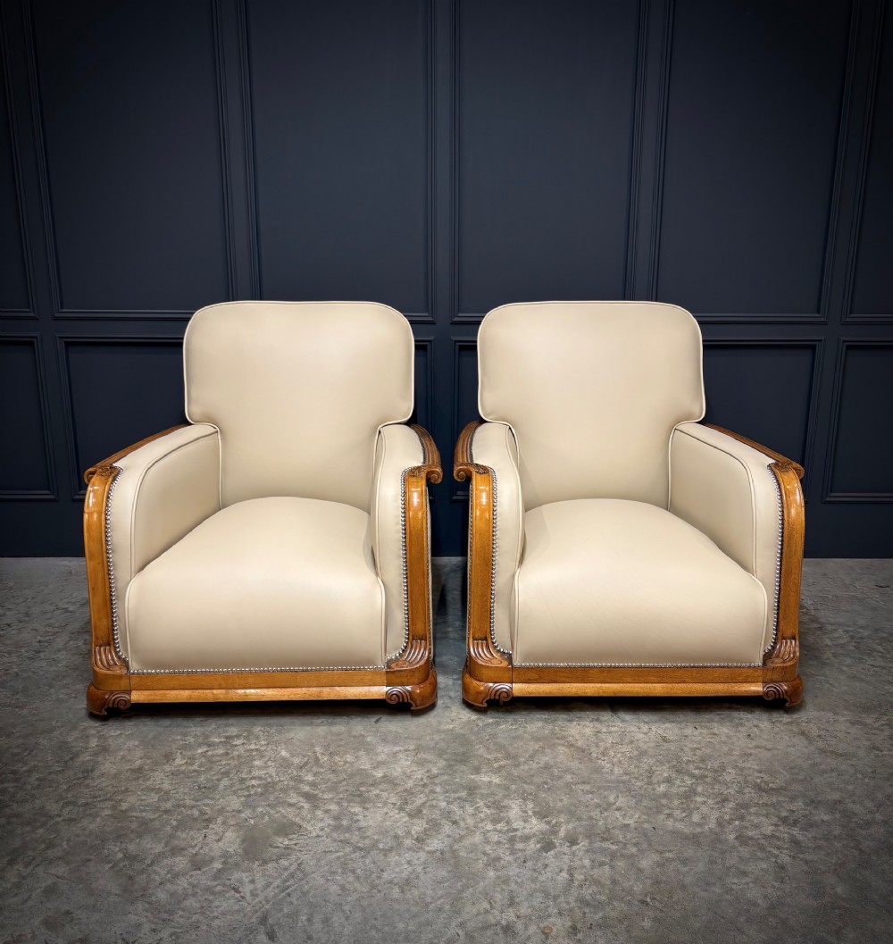 Pair Of Art Deco Walnut & Leather Armchairs View II