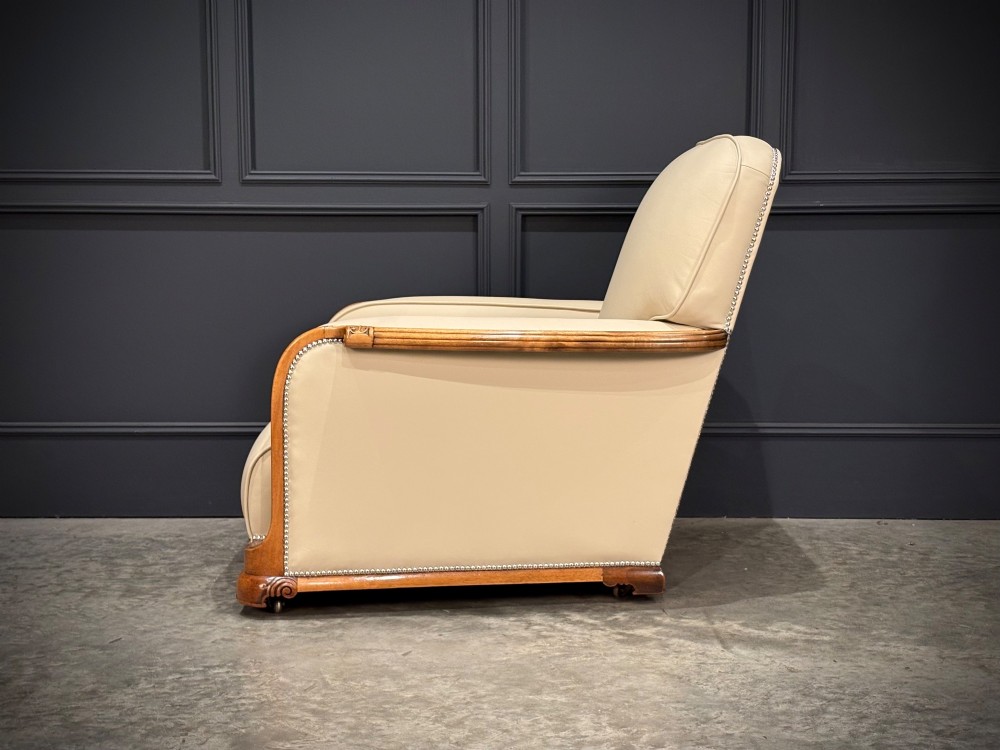 Pair Of Art Deco Walnut & Leather Armchairs View XI