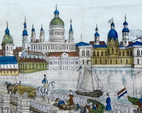 fig 1. A framed 19th-century hand-coloured print showing a historic London cityscape across the Thames with ships, horses, and figures, housed in a stepped dark wood frame with a gilt inner border.