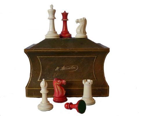 Jaques Staunton Ivory Chess Set with Rare Green Sarcophagus Casket, 1920s-30s