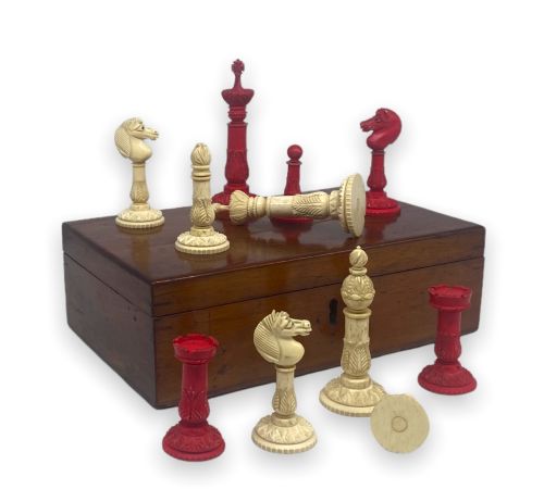 Antique Edinburgh Upright Bone Chess Set, Circa 1870
