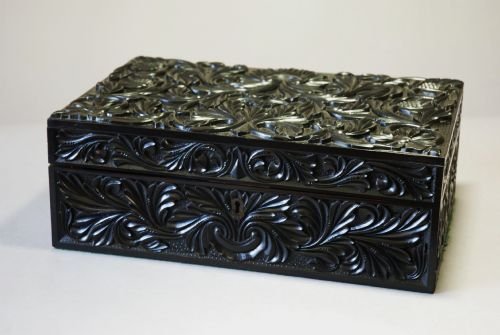 19thc Ebony Ceylonese Workbox with Deep Carved Decoration with Inlaid Interior